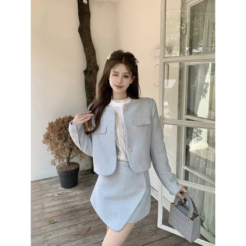 Real Shot Real Price ~ Milky Blue Sweet Little Chanel Style Yuan Ying Ouni Palace Shirt Jacket and Skirt Set