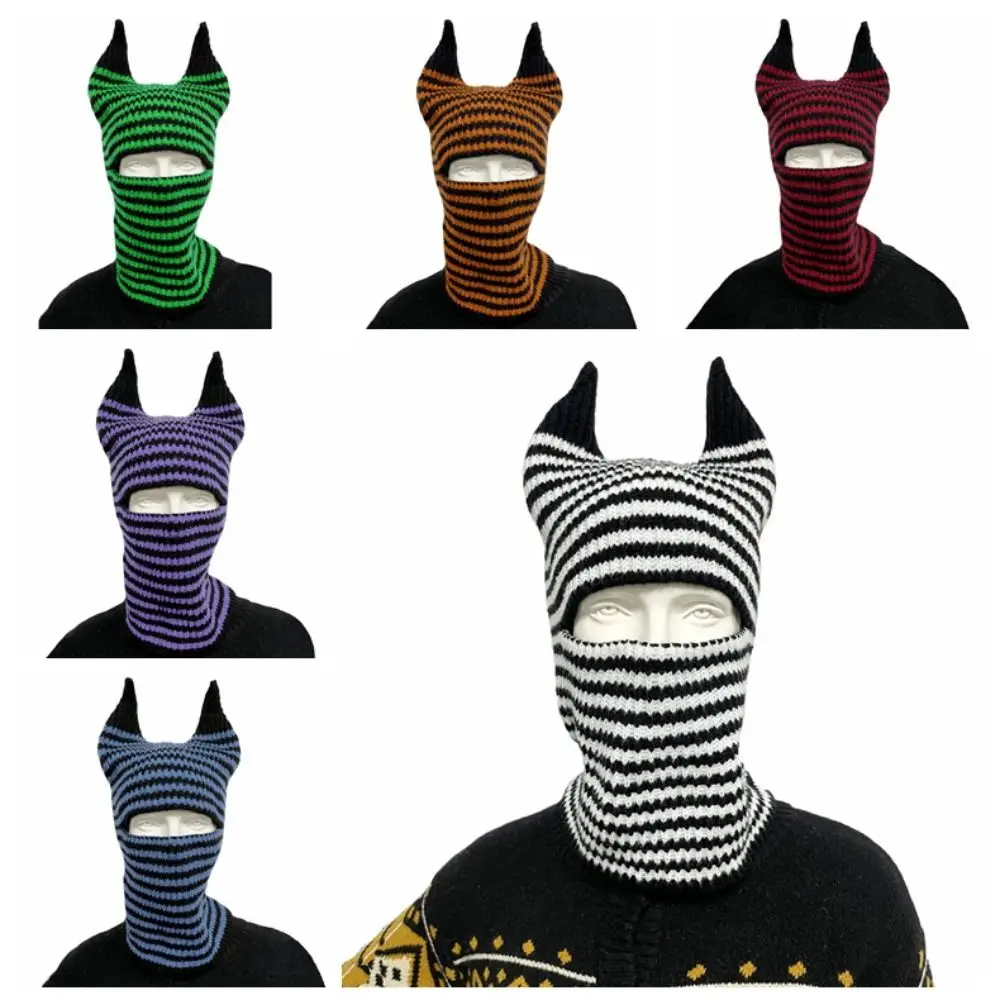 Pile Cap Cow Horn Cow Horn Knitted Hat Multifunctional Stripe Riding Mask Turban Baotou Hat Warm Neck Cover Autumn