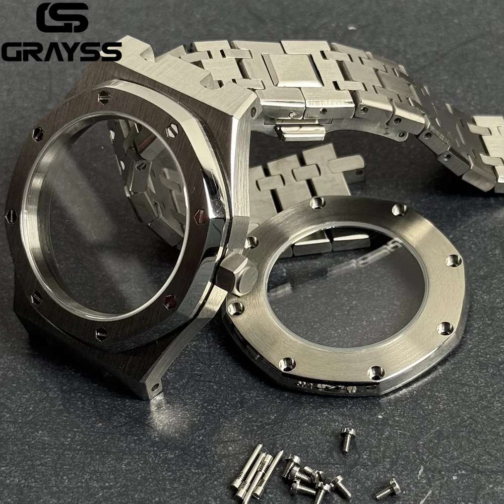 Para aço inoxidável octogonal 42mm caixa de relógio automático mod pulseira transparente volta safira caber nh34 nh35 nh36 nh38 nh70 nh72