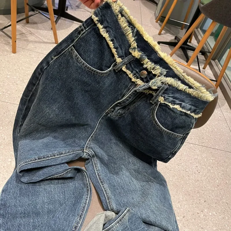 

American Retro Raw Edge Jeans for Women Spring Autumn Pear Shaped Design High Waisted Straight Wide Leg Trousers