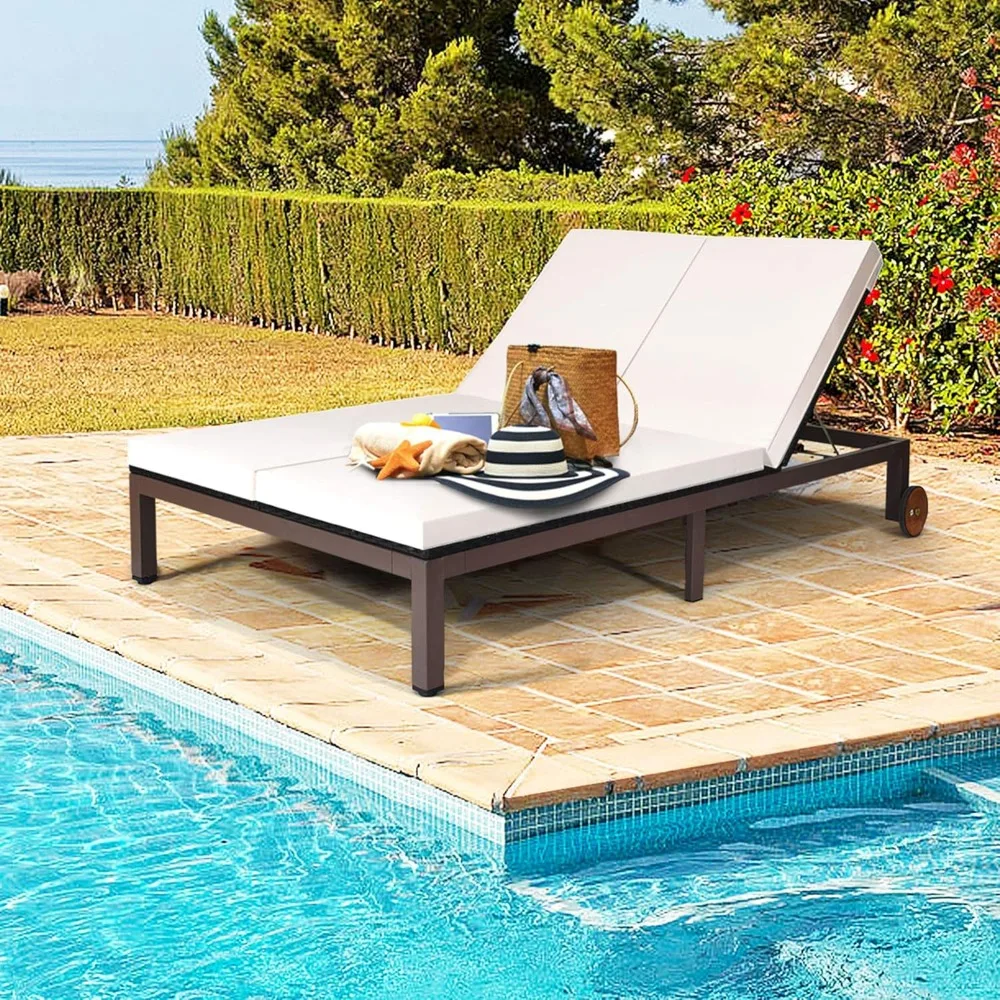 

2-Person Patio Rattan Recliner Chair W/Wheels & Cushion, Double Wicker Daybed Chaise Lounge Chair with Adjustable Backrest, Out