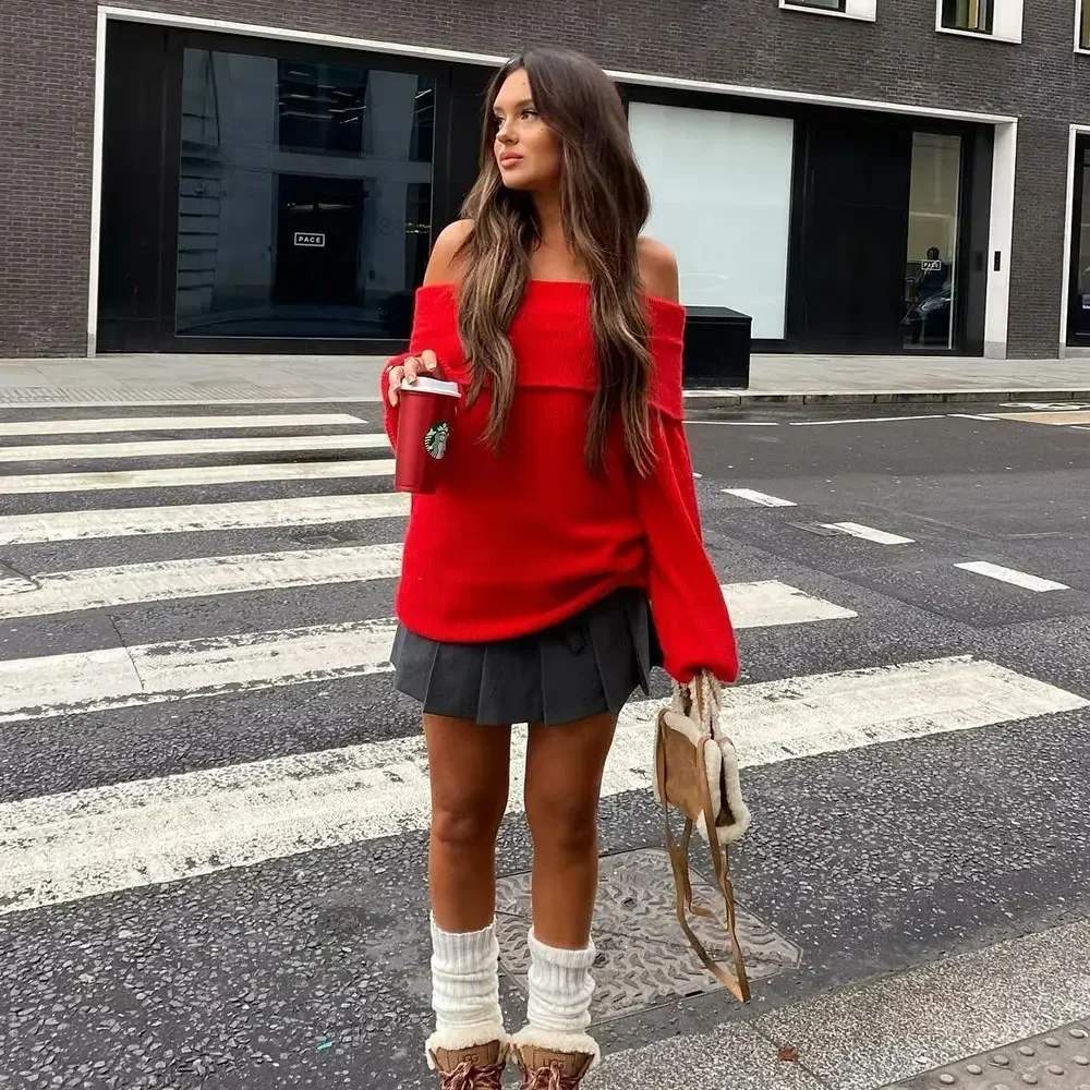 

BWQ Women's Fashion Solid Off Shoulder Sweaters Casual Long Sleeve Folding Slim Fit Pullover Autumn Female Sexy Knitted Tops