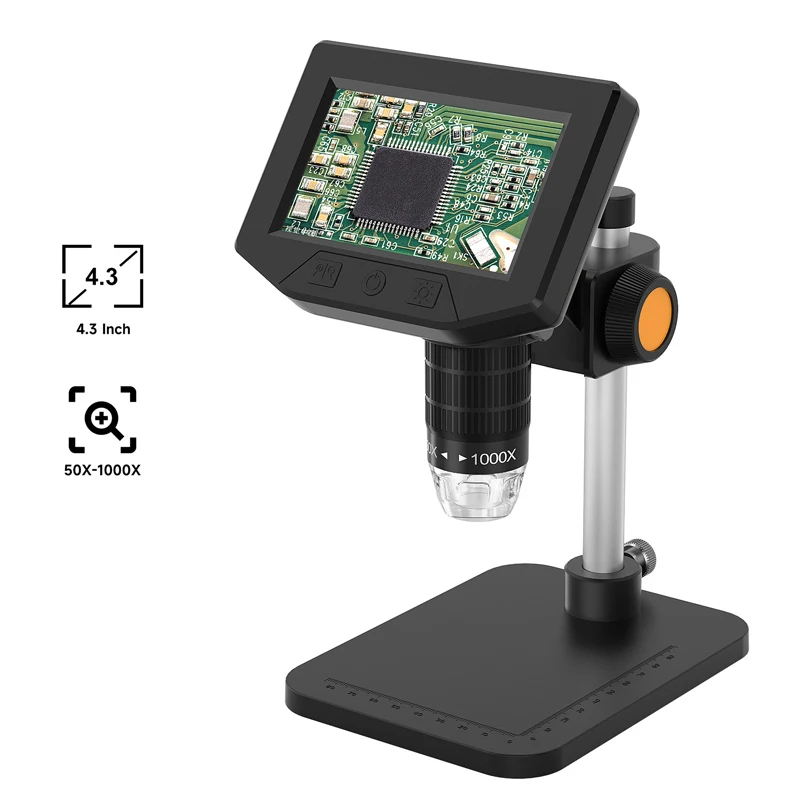 Microscope électronique HD 4,3'' 50-1000X avec caméra et loupe pour soudure, réparation de téléphones, pièces de monnaie, PCB, visualisation de PC