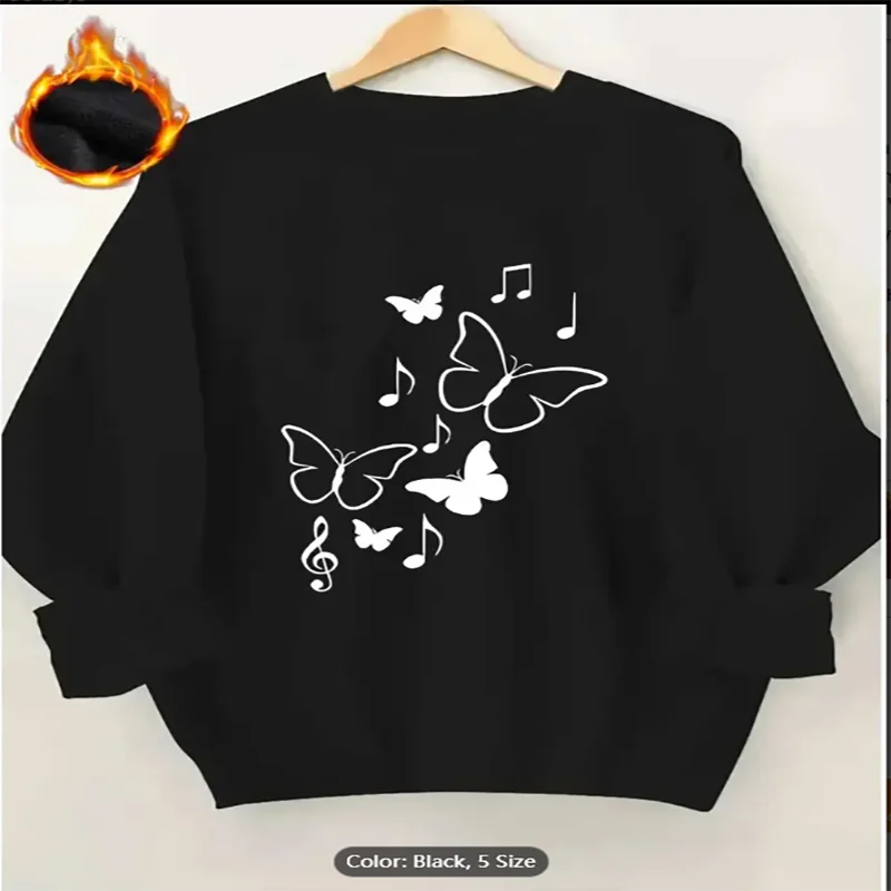 

Butterfly & Musical Notes Print Fleece-Lined Thickened Pullover Sweater-Soft Grey Round Neck Long Sleeve Washable Comfort