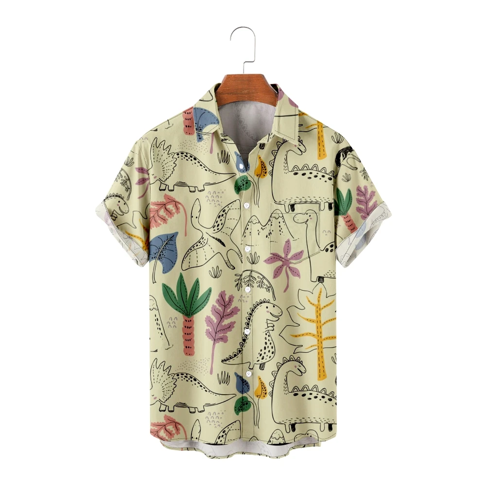 Hawaiian Shirts for Men Cartoon Dinosaurs Print Stripes Short Sleeve Blue Shirts Cool Summer Tops Vintage Breathable