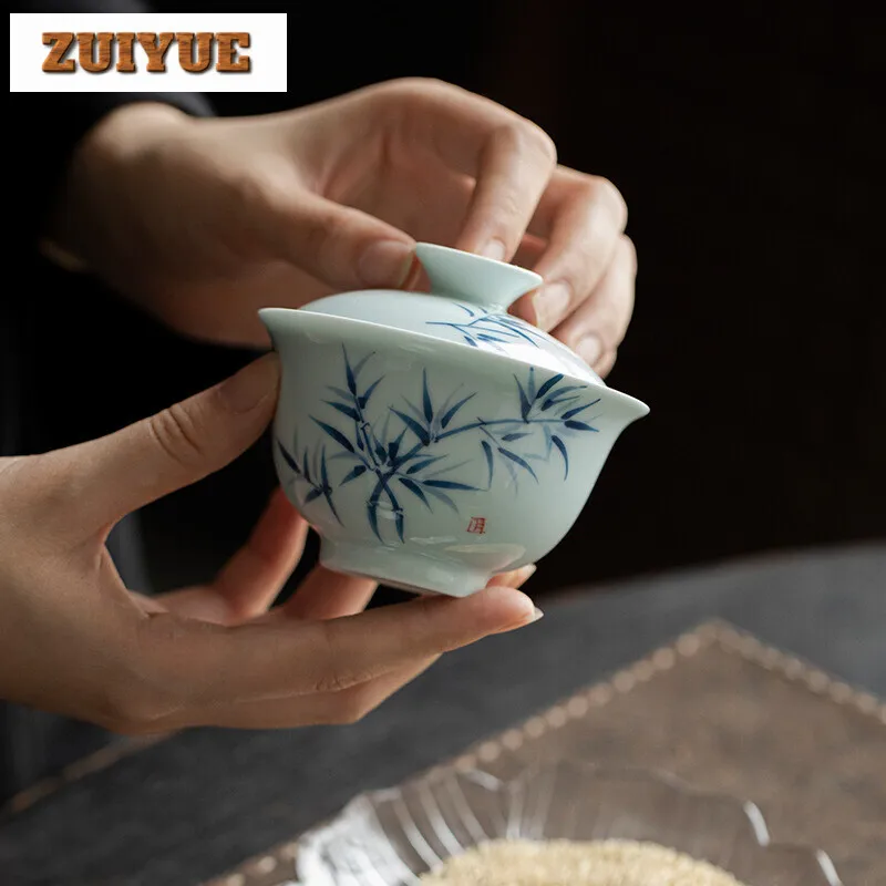 135ml Pure Hand-painted Bamboo Gaiwan Luxury Underglaze Color Cup Saucer Tea Tureen Tea Maker Small Cover Bowl Tea Ceremony Gift