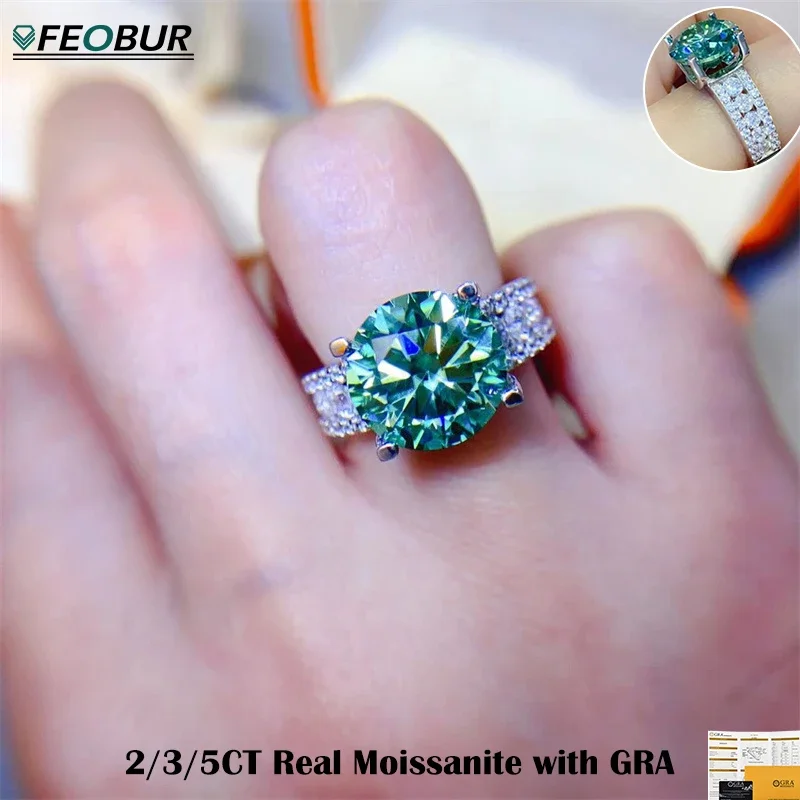 FEOBUR 3/5Carat Green Moissanite Rings for Women Certified 925 Sterling Silver Lab Diamond Engagement Ring Wedding Jewelry Gift