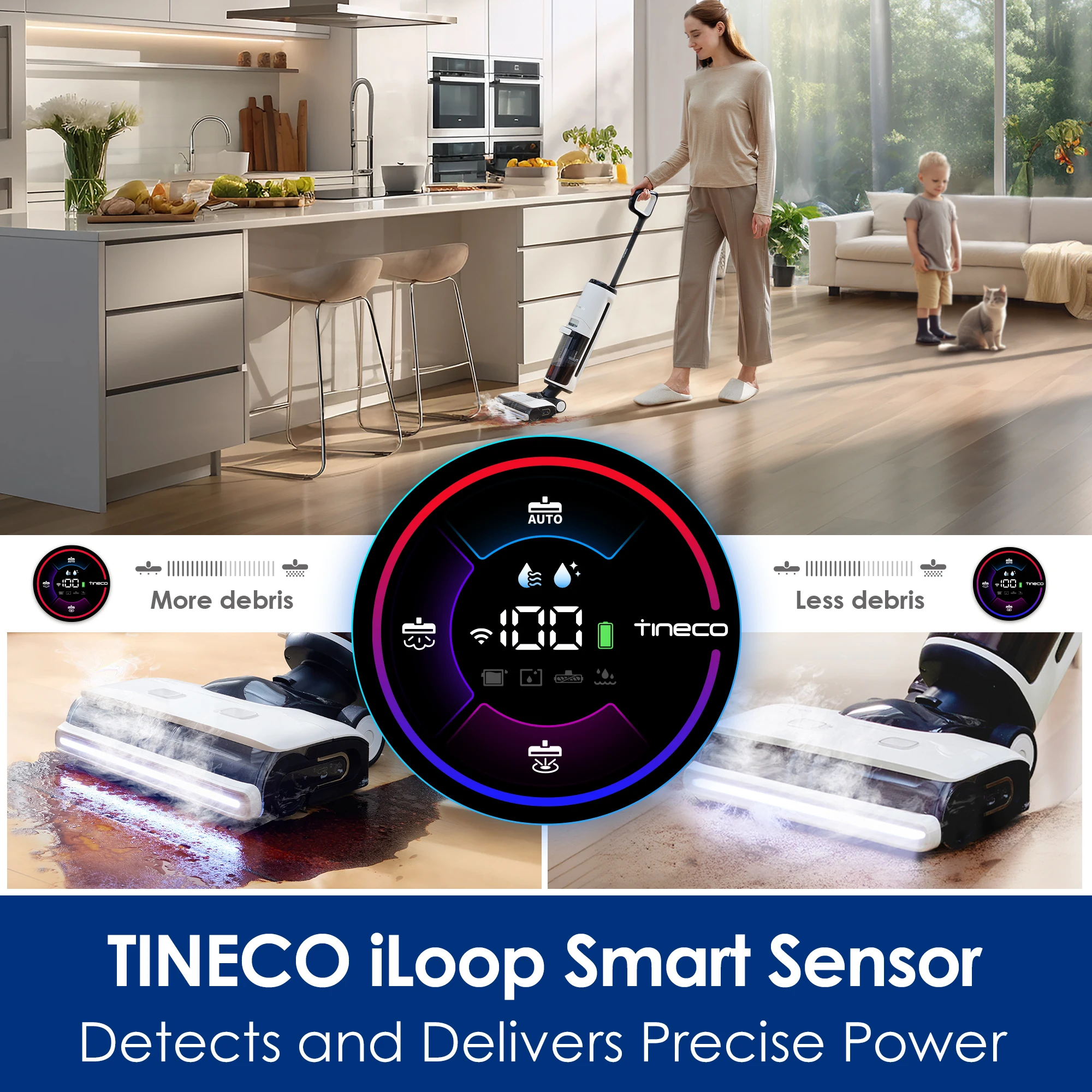 TINECO FLOOR ONE S7 Steam Limpiador Inalámbrico, limpia la Suciedad Pegajosa y los Bordes en Suelos Duros, Pantalla Digital, Autolimpieza, Tracción hacia Adelante, Seguro para Niños y Mascotas