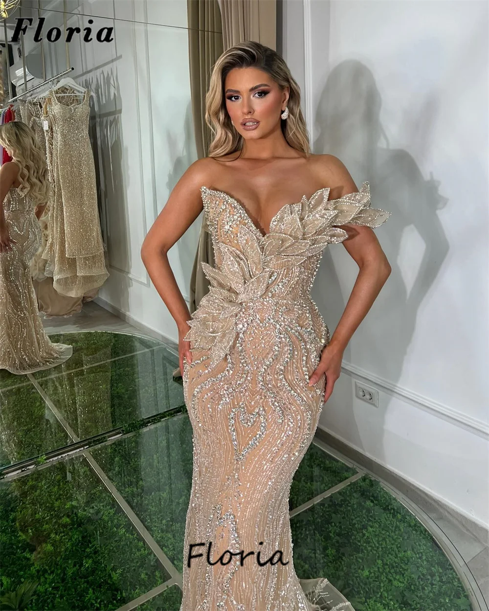 Sparkly Champagne Sequins Cocktail Dress New Customized Beading Mermaid Prom Party Dress For Women Robes De Soiree Evening Dress
