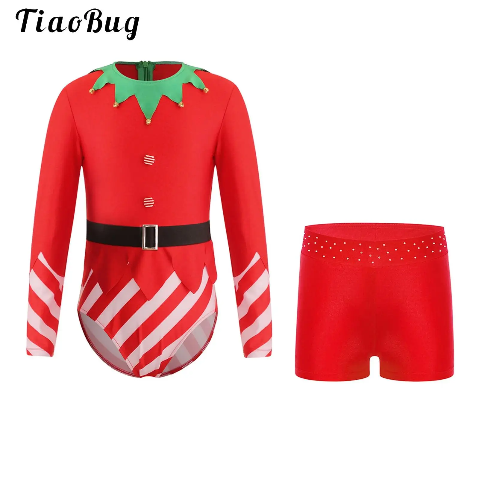 

Kids Girls Christmas Candy Cane Striped Jumpsuit Long Sleeve Santa Claus Bodysuit Ballet Gymnastics Leotard with Shorts Outfits