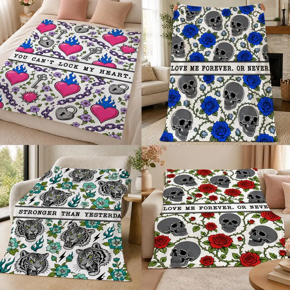 Gothic Skull Rose Heart Tattoo Grunge Pattern Throw 320g Soft Flannel Fleece Throw Blanket Cover Sofa Bed Dorm Nap