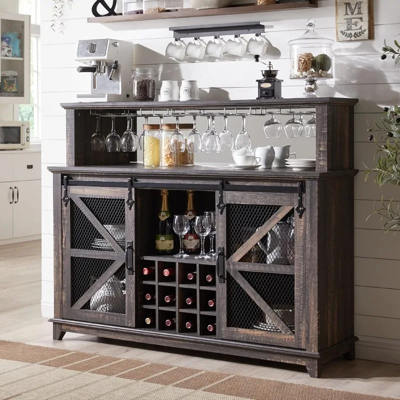 

Farmhouse Coffee Bar Cabinet with LED Lights, 55" Wine Bar Cabinet w/Sliding Barn Door & Wine and Glass Rack, Kitchen