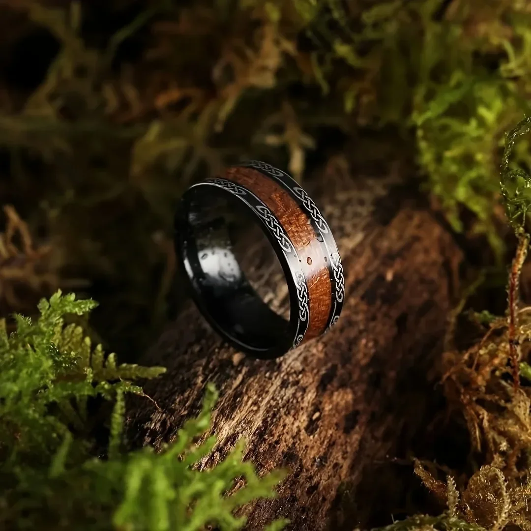 Men Fashion 8mm Stainless Steel Koa Wood Rings for Men Nordic Viking Infinity Intertwined Cross Celtic Knot Ring Wedding Jewelry