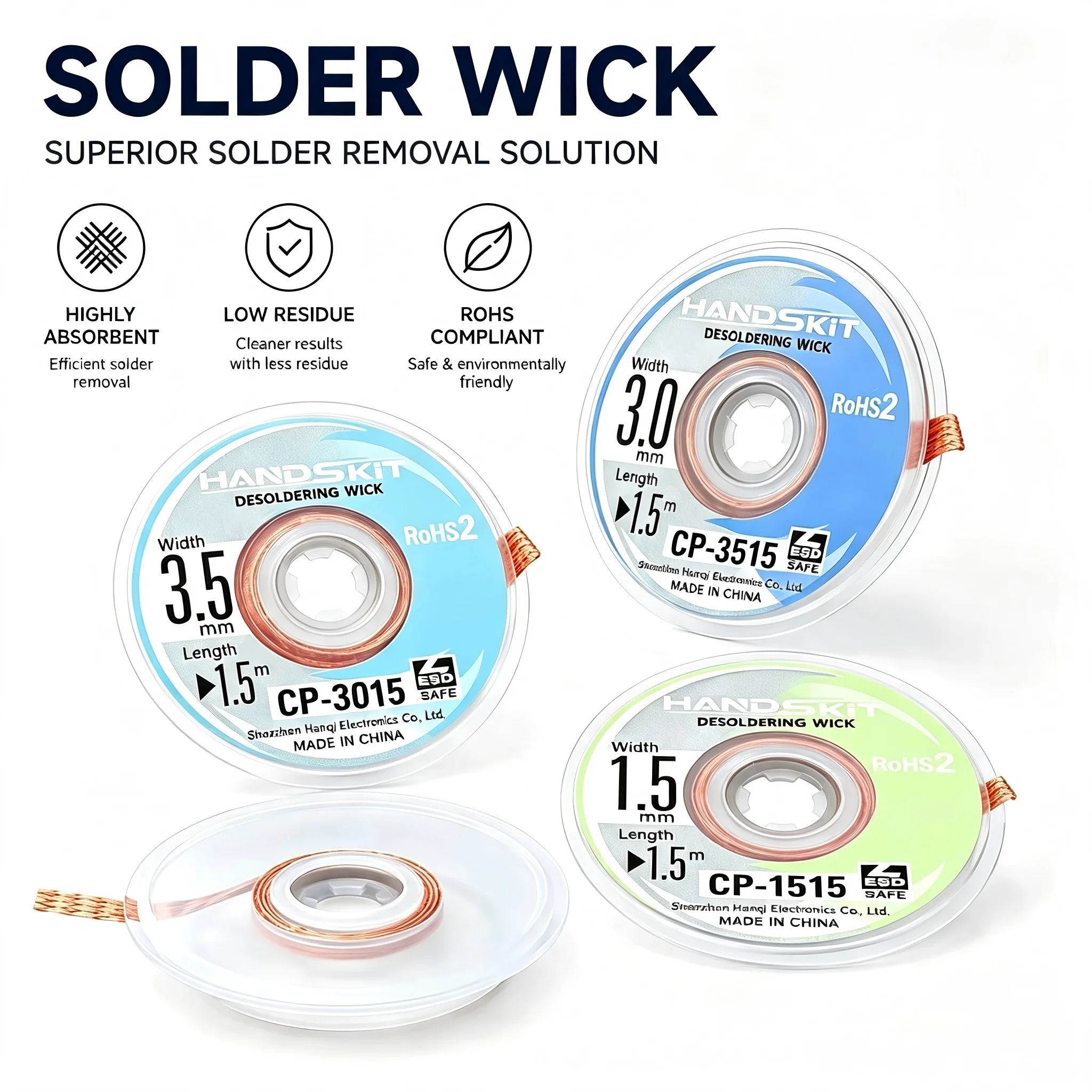 Copper Braided Desoldering Wire Wick CP Series, Solder Paste Cleaner for BGA Chip & Circuit Board Maintenance