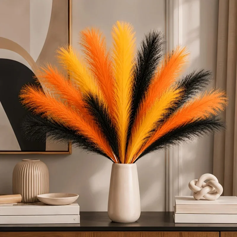 Black Orange Gold Artificial Reed Bouquet Fluffy Feathery Reed Grass Branches Premium Faux Flowers Modern Entry Table Decor