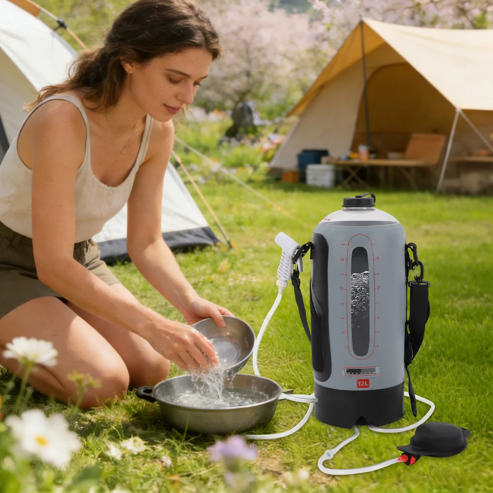 Portable Camping Shower Camp Shower 12L 3 Gallon  PVC PE Rubber Leakproof Water Bag Detachable Strap Hiking Travel Camp Shower