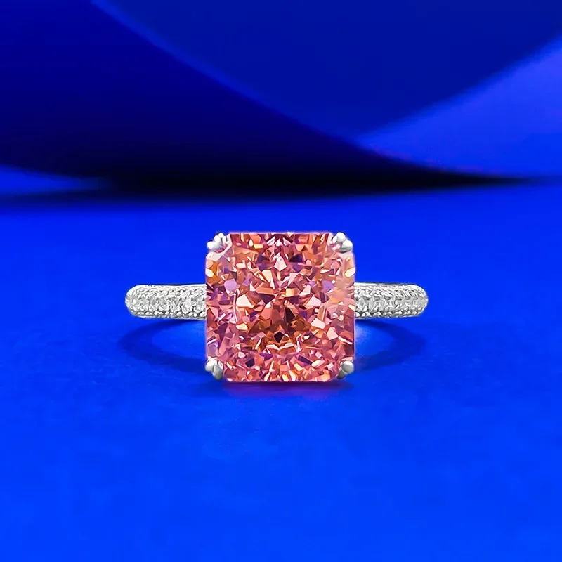 

New S925 Silver High Carbon Diamond 9*9mm Padparadscha Pink Fashion Versatile Ring
