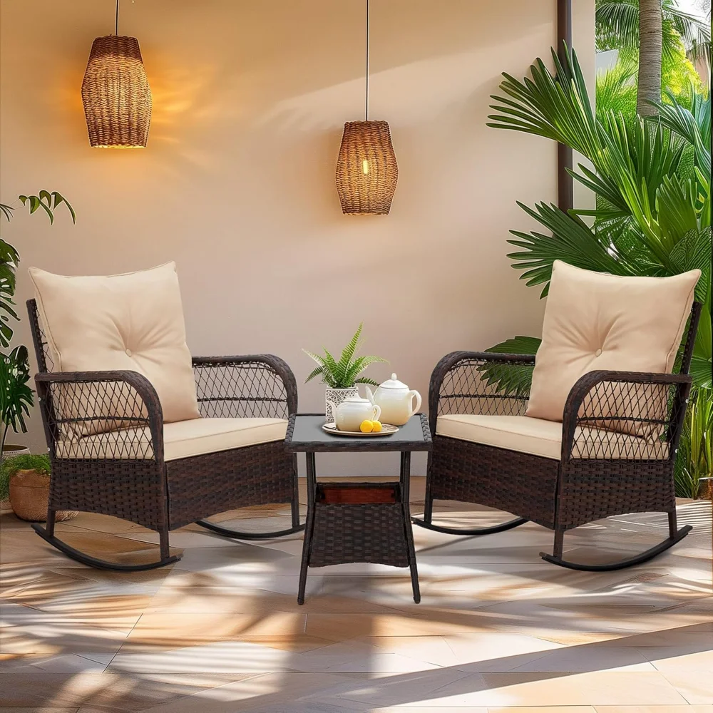

3 Piece Patio Set, Rocking Chair Outdoor with Thick Cushions and Glass Table for Balcony Front Porch Poolside