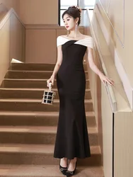 Women's New two-color splicing fan collar evening dress fashion temperament prom dress fishtail long dresses
