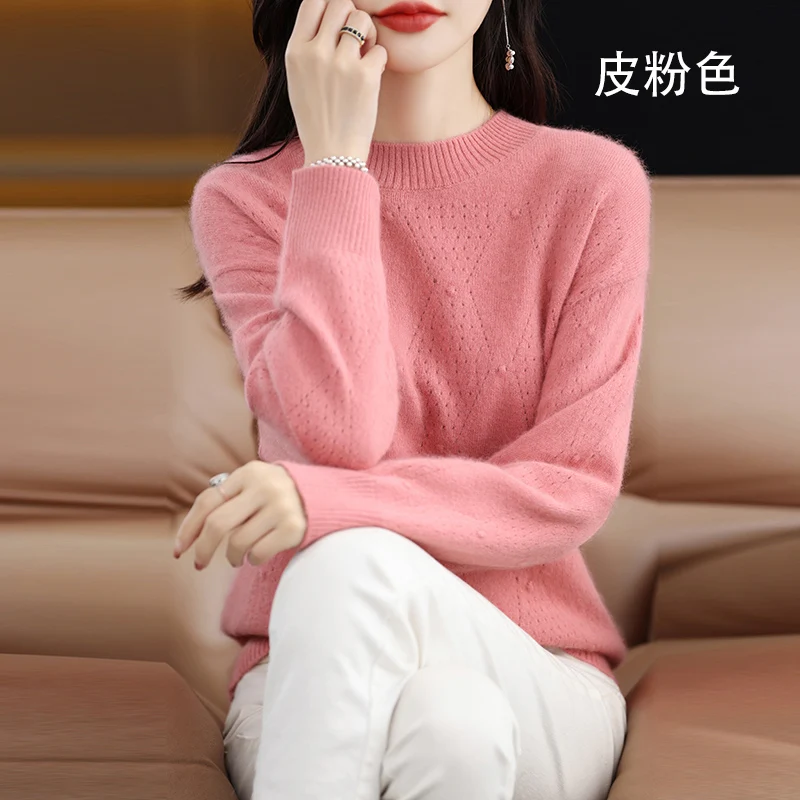 Autumn Winter New 100 Pure Mink Fleece Sweater Women's Pullover Round Neck Hollow Jacquard Knitted Fashion Top Loose  Inner Layu