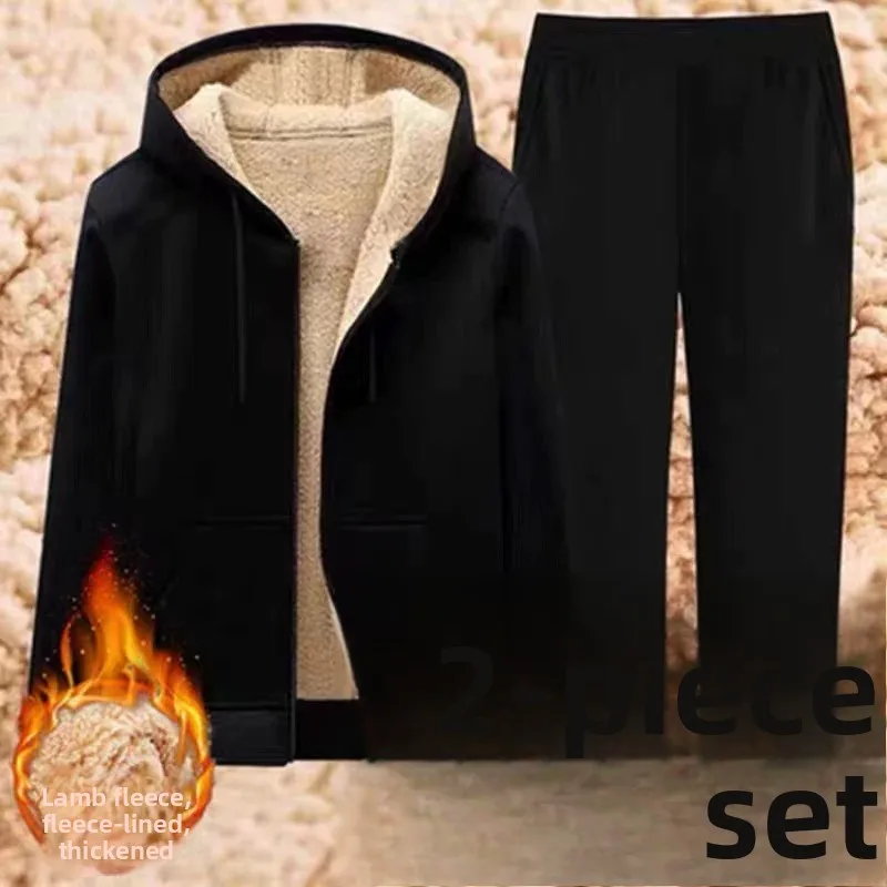 2026 Autumn Winter New Style Men's Fleece Lined Thickened Long Sleeve Hoodie Sweatshirt And Pants Sportswear Polyester Fiber