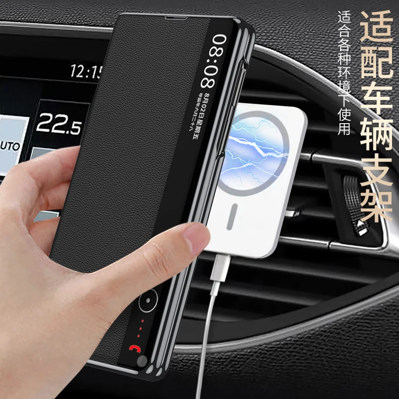 Plating Frame Genuine Leather Wallet Phone Case For HUAWEI Mate X6 Smart Dormancy View Windows Cover With Built-in Magnetic Ring