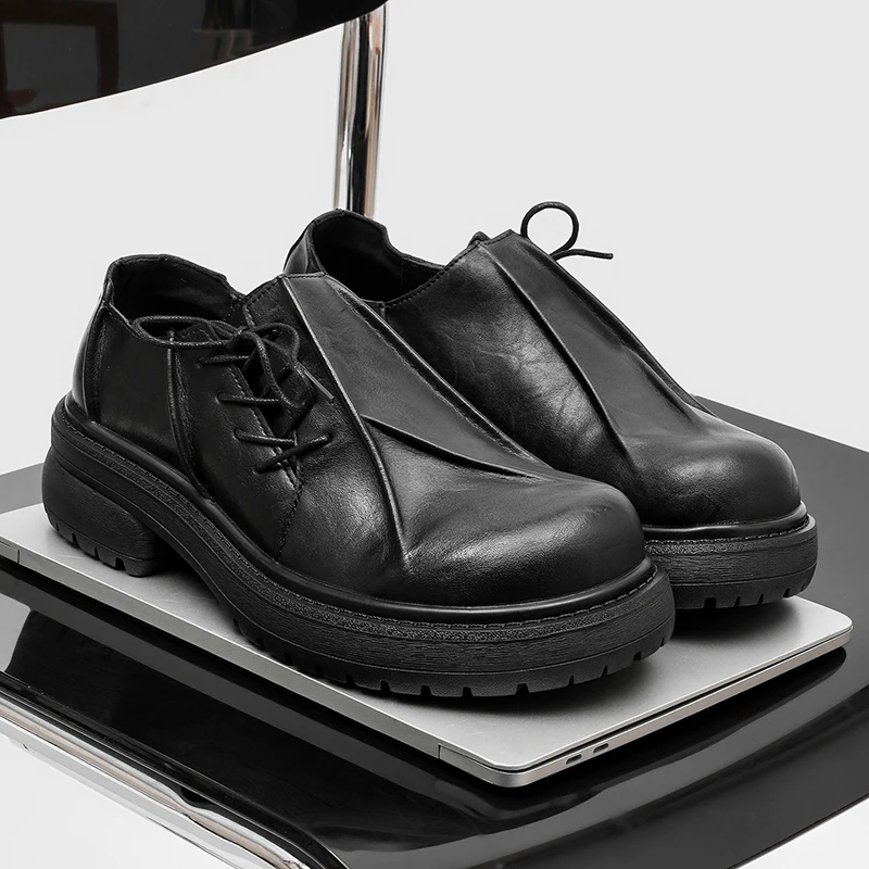 Black Thick-soled Men Loafers Side Laces Retro Casual Fashionable Large-brimmed Shoes Outdoor Workwear Shoes Men Sizes 38-46