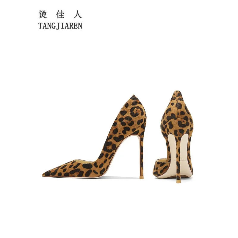 New suede leopard print side empty high heels for women, slim heels, soft and comfortable,sexy temperament, pointed single shoes
