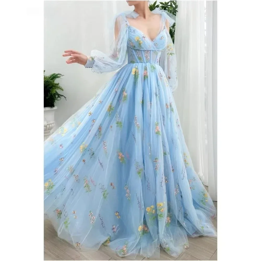 Vestido de baile feminino 2025 tule floral elegante vestidos de noite para mulher luxo feito sob encomenda namorados expostos