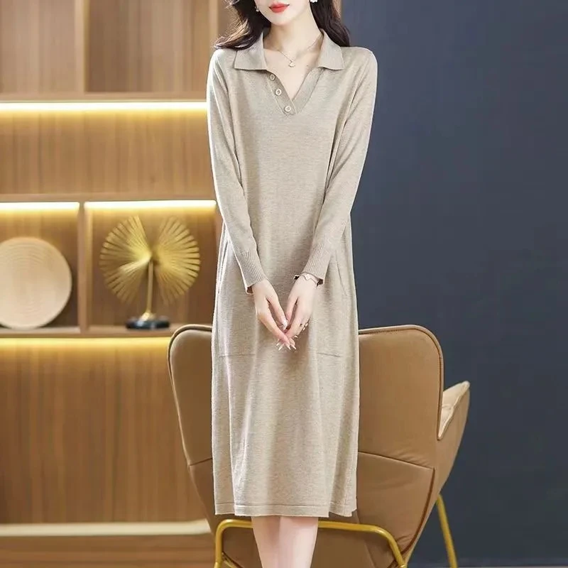 Mom\'s Autumn And Winter Thick Knitted Wool Dress Wool Sweater Slim High-End Knee Length Long Sleeved Dress Loose Plus Size XXXL
