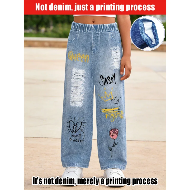 

2026Children's Light Blue Imitation Denim Wide-Leg Pants Distressed with Holes Sweet and Cool Style