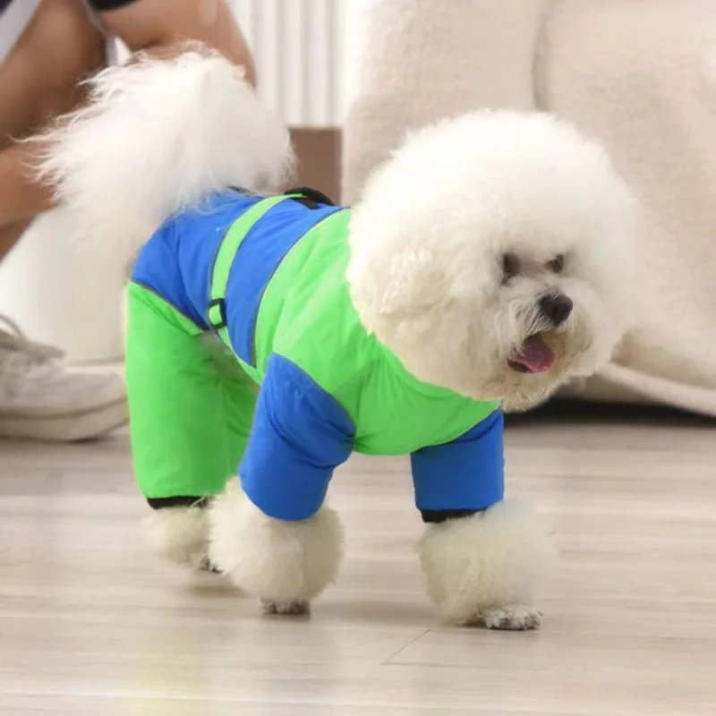 

Winter Dog Clothes: Four-legged Cotton-padded Jacket with A Waist Strap, High-necked Warm Two-color Winter Coat