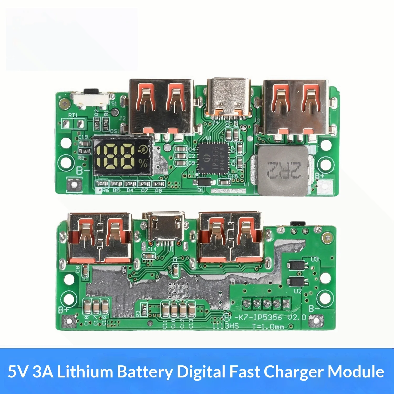 5V3A lithium battery digital display fast charging module IP5356 supports TYPE-C Micro USB QC3.0 QC2.0