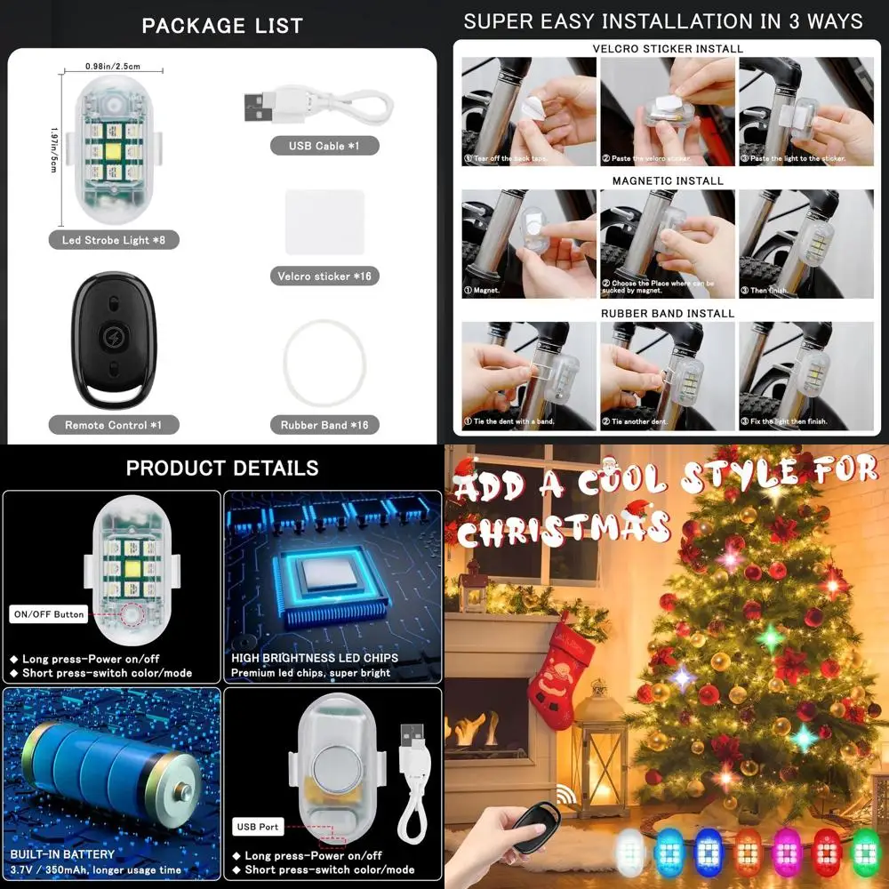 

Wireless 8-Pack LED Strobe Lights with Anti-Collision, 7-Color Changing, USB Charging for Cars and Trucks