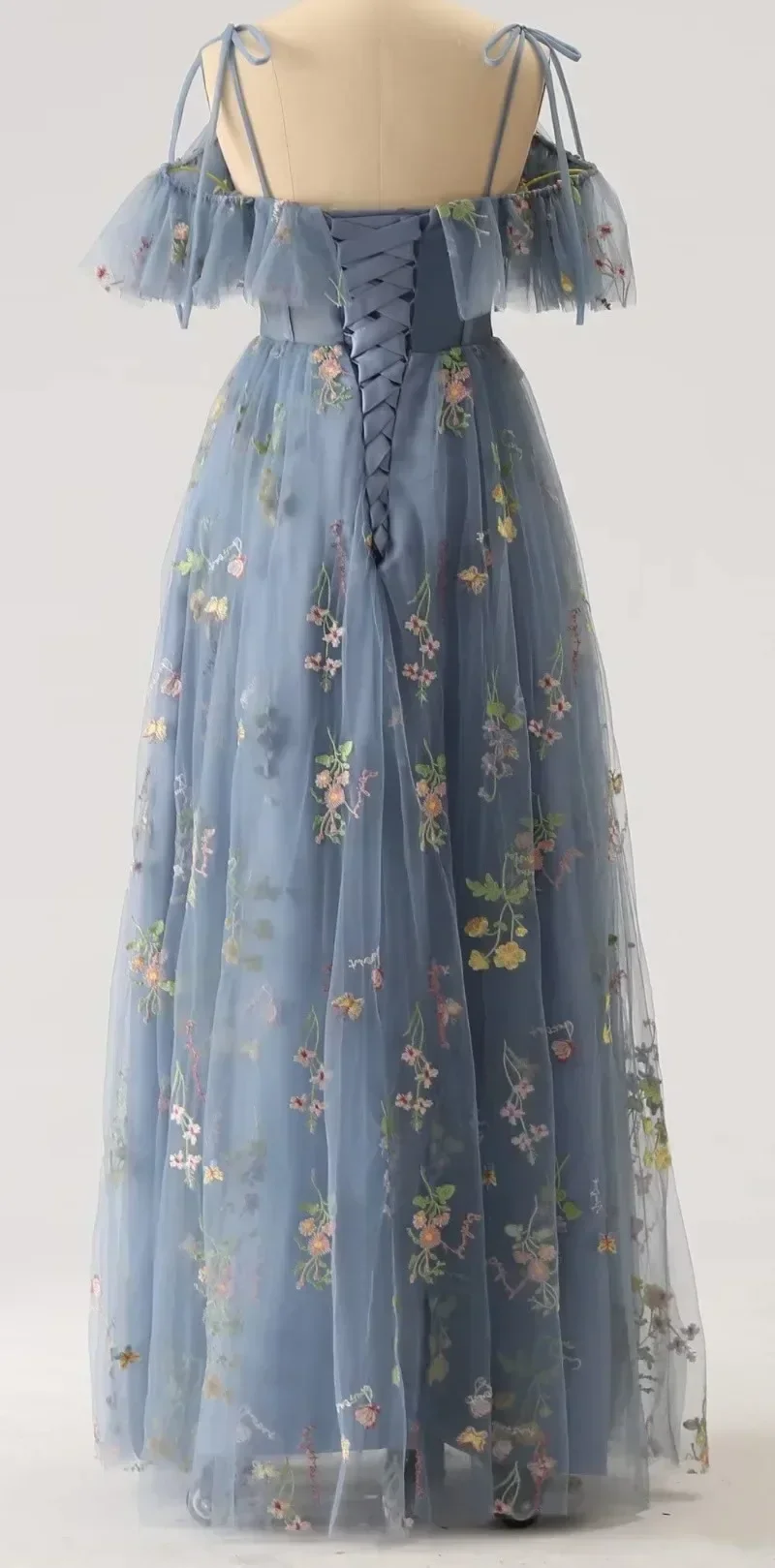 Personalizado exquisito Sling Floral vestido de graduación sin espalda Cruz encaje hasta dulce bordado vestidos de noche elegante volantes malla larga Ve