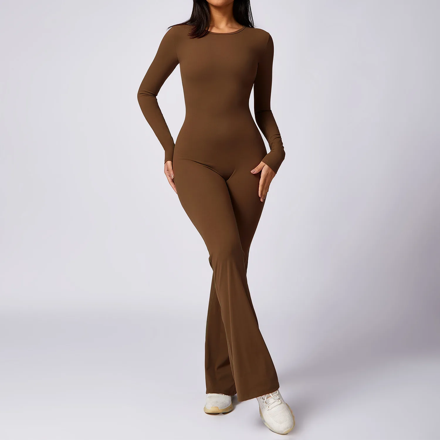 Women's One-Piece Sports Suit Yoga Jumpsuit Long Sleeved Round Neck Backless Sexy Peach Buttocks Wide Leg Long Pants Fitness Set