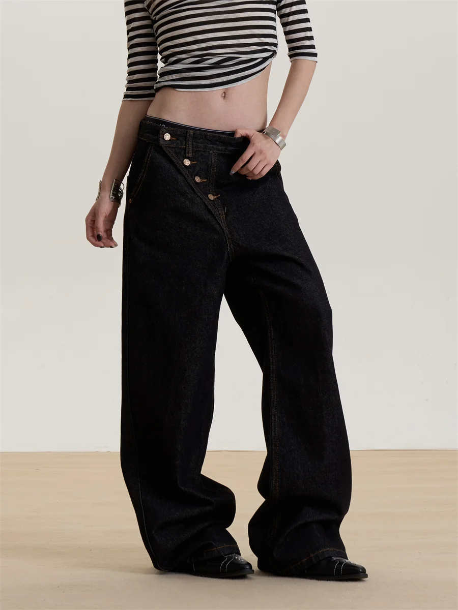 

American Retro Button Detail Wide Leg Jeans Women's Spring Summer Casual Straight Leg Long Pants Slimming Effect Hot Girl