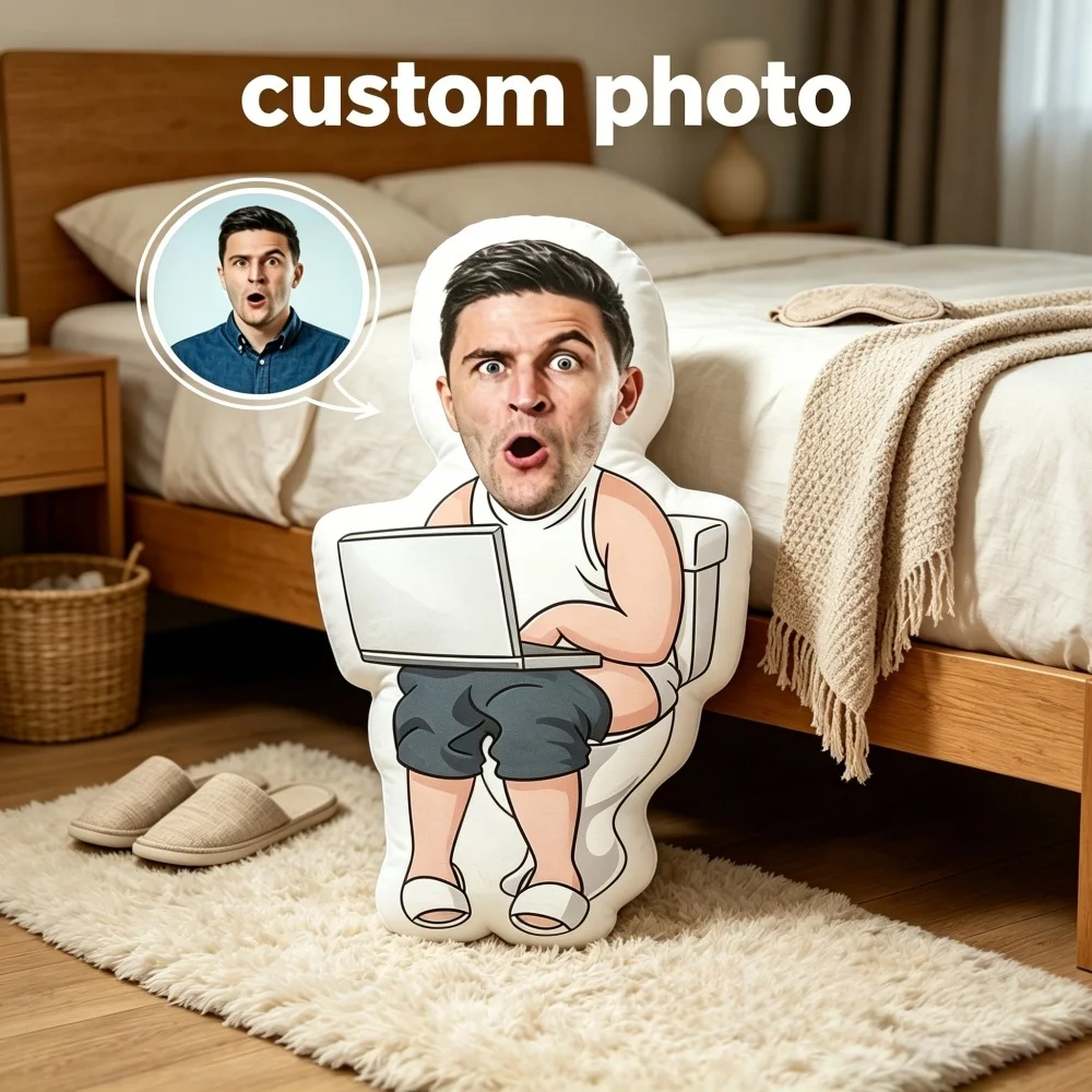 Customized Face Photo Pillow, Funny Men's Shaped Cushion for Using a Laptop on the Toilet, Personalized Real Face Pillow, Unique Prank Gift for Friends