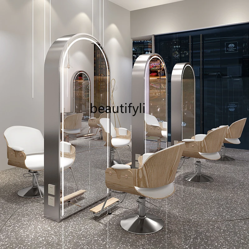 Barber Shop Mirror Single Double-Sided Full Body Floor Mirror with Light Stainless Steel Scissor Hair Mirror Hair Salon