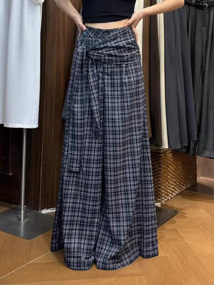 Retro Britse stijl lente ontwerp gebonden geruite gestreepte broek dames losse rechte pijpen hoog getailleerde casual wijde pijpen vloerbroek