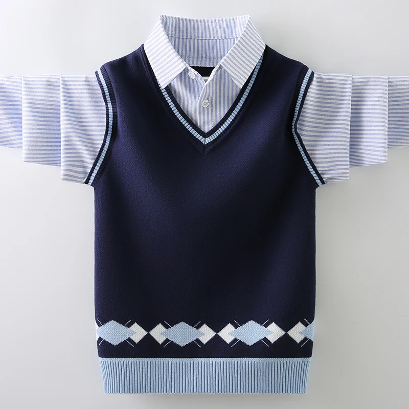 Boys School Uniform Turn Collar Vest Sweater Kids Knitted Warm Casual Pullovers For Children 4-15 Years Autumn Winter Clothes