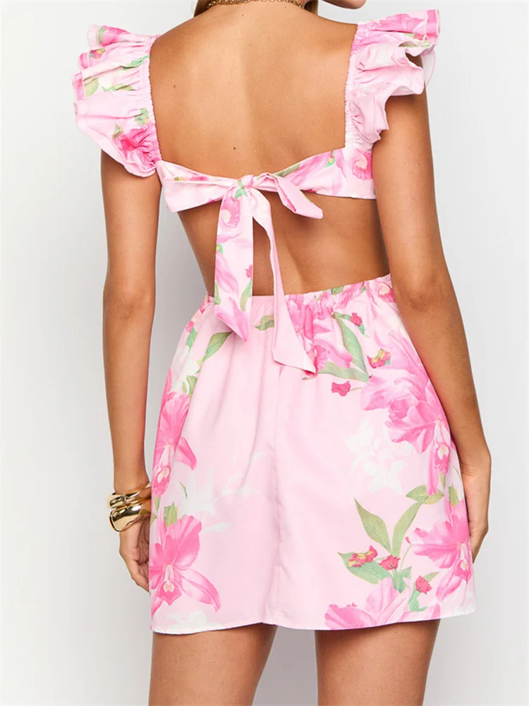 CHRONSTYLE Damska Sukienka z Głębokim Dekoltem V Bez Rękawów Wiązana na Plecach z Wycięciami w Kwiatowy Wzór, Zwiewna Sukienka Wakacyjna Damska Vestido 2025