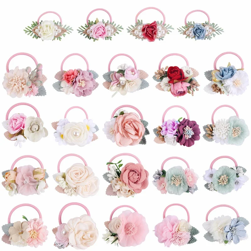 Handmade Flower Elastics Hair Ties For Kids Girls Stretchy Rubber Hairband Slim Headband Scrunchies Ponytail Holder Ring Loop