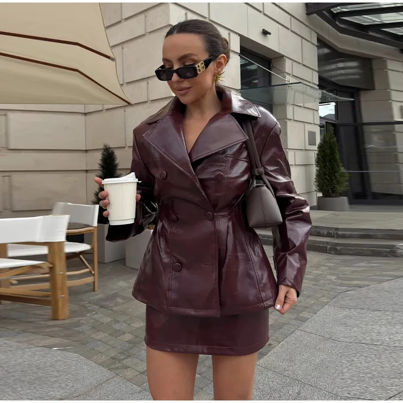 Solid PU Leather Women's Jacket Mini Skirt Set Lapel Neck Full Sleeve Double Breasted Coat Suit 2025 Autumn Stylish Edgy Outfit