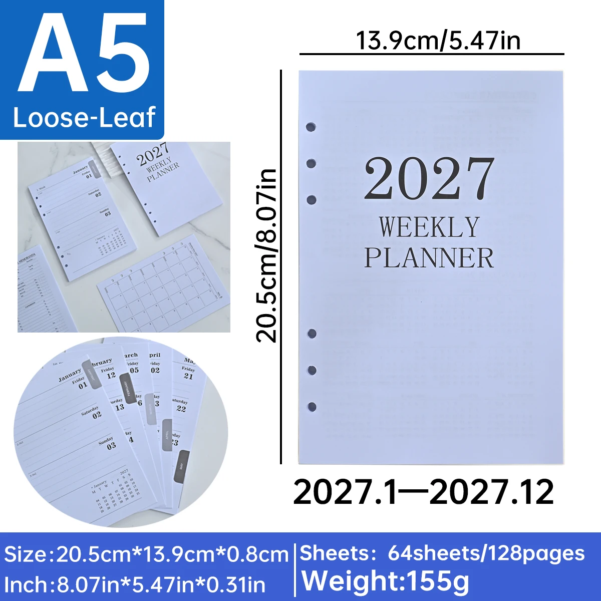 2027 A5 Weekly Planner Refill 64 Sheets 128 Pages Loose Leaf Thin Insert Week on Two Pages Calendar Diary English Ring Binder view 6
