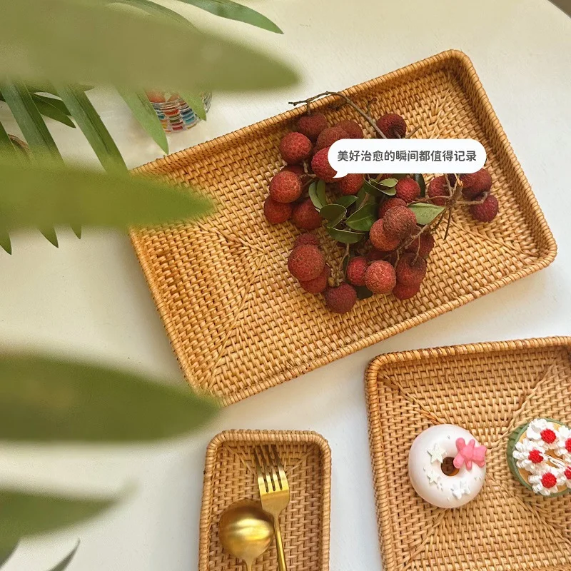 

Vine woven storage basket Water fruit basket, round woven fruit tray in living room, Mantou basket tray for household use