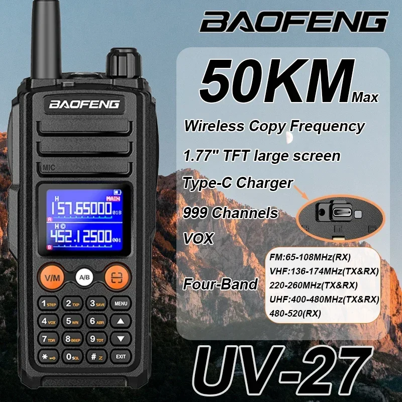 Baofeng UV-27 Walkie Talkie High Power Wireless Copy Frequency NOAA 999CH UHF VHF FM Long Range Type-C Portable Ham 2 Way Radios