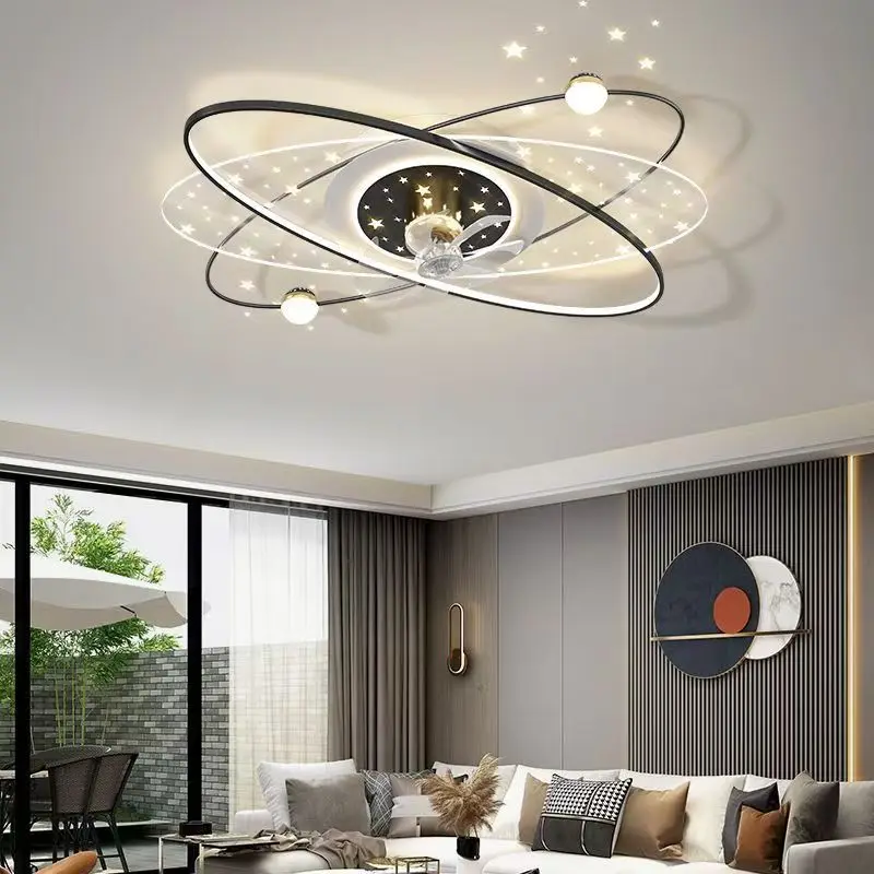 Nordic Light Luxury Starry Sky Fan Lamp For Bedroom Living Room Led Ceiling Light Shaking Head Silent Fan Combination Home Decor