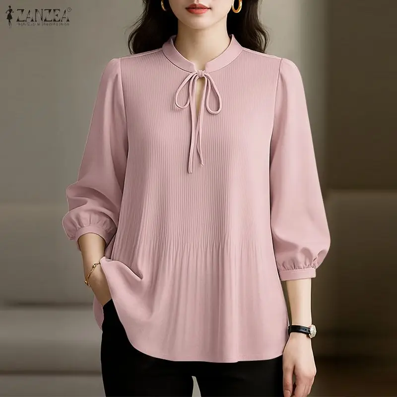 

ZANZEA Women Blouse Fashion 3/4 Puff Sleeve Casual Shirts 2026 Summer Pleated Solid Tunic Tops Elegant Office Blusas Femininas