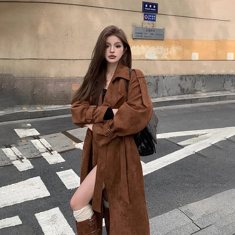 

2024 Women's Autumn and Winter New Vintage Trench Coat Reversible Suede Coat Loose Tweed Long Jacket Mirad Wear Women's Clothing